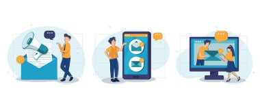 E-posta pazarlama ve tanıtım illüstrasyon seti. Satışlar ve indirimlerle reklam postaları ve promosyon teklifleri gönderen karakterler. Ticaret dünyası konsepti. Vektör illüstrasyonu.