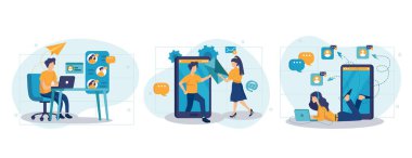 E- posta servisi konsepti. Kullanıcılar sohbetlerde yazışıyorlar, uygulamalarla mesajlar gönderiyorlar. İnsanlar düz tasarımla sahneleri izole ettiler. Blogculuk, web sitesi, mobil uygulama, tanıtım materyalleri için vektör illüstrasyonu.