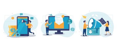 Sosyal medya tanıtım sahneleri. Seyircilerle iletişim kurmak için büyük hoparlörler kullanan karakterler, reklam e-postaları gönderen, satış ve indirim öneren karakterler. Düz çizgi film vektör illüstrasyonu ve simgeler ayarlandı.