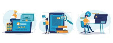 Uzaktan eğitim, karikatür vektör koleksiyonunu izole etti. Çevrimiçi kurs seçmek, uzak öğrenim için kaydolmak, dijital diploma almak, online diploma almak, kayıt vektörü karikatürü