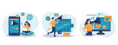 Dijital pazarlama ve reklam seti. İnsanlar yeni müşterileri, çevrimiçi promosyonları, sahne koleksiyonlarını cezbediyor. Blogculuk, web sitesi, mobil uygulama, tanıtım materyalleri için vektör illüstrasyonu