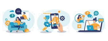 Müşteri hizmetleri izole edildi. Sahne koleksiyonu. İnsanlar danışmanlık ve destek, operatör çağrı merkezi. Blogculuk, web sitesi, mobil uygulama, tanıtım materyalleri için vektör illüstrasyonu.