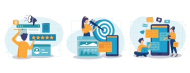 Müşteri davranış analizi soyut konsept vektör çizimi seti. Veri güdümlü pazarlama, kullanıcı geribildirimi ve web sitesi derecelendirmesi, çevrimiçi anket, kullanıcı verileri, pazarlama araştırma aracı soyut metafor.