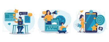 Müşteri davranış analizi soyut konsept vektör çizimi seti. Veri güdümlü pazarlama, kullanıcı geribildirimi ve web sitesi derecelendirmesi, çevrimiçi anket, kullanıcı verileri, pazarlama araştırma aracı soyut metafor.