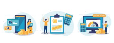 Kredi onayı çizelgesi. Kredi puanı iyi olan karakterler bankadan kredi onayı alıyorlar. Kişisel finans konsepti. Vektör illüstrasyonu.