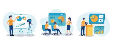 Koç, izole edilmiş sahnelerin koleksiyonunu anlatıyor. İnsanlar iş eğitiminde, kariyer geliştirmede, düz tasarımda öğrenirler. Blogculuk, web sitesi, mobil uygulama, tanıtım materyalleri için vektör illüstrasyonu.