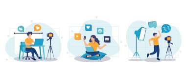 Dijital pazarlama ve reklam seti. İnsanlar yeni müşterileri, çevrimiçi promosyonları, sahne koleksiyonlarını cezbediyor. Blogculuk, web sitesi, mobil uygulama, tanıtım materyalleri için vektör illüstrasyonu