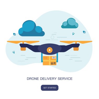 Paketle birlikte teslimat drone'u. Teslimat hizmeti için konsept. Düz tasarım anahat vektör illüstrasyon.