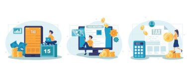 Declaration programs, easy reporting, tax website. Desktop tax filing software, mobile app tax filing software, filing online service metaphors. Vector isolated concept metaphor collection of scenes.