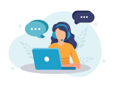 Vektör illüstrasyonu, müşteri hizmetleri, yardım hattı operatörü müşteriye, çevrimiçi küresel teknik desteğe, müşteri ve operatör vektörüne tavsiyede bulunur. Dizüstü bilgisayarı olan teknisyen