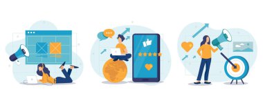 Sosyal medya pazarlama kavramı insanları izole ediyor. Megafonlu insanların olduğu sahne koleksiyonu yeni müşteriler çekiyor, reklam, promosyon. Mega set. Düz tasarımda vektör illüstrasyonu