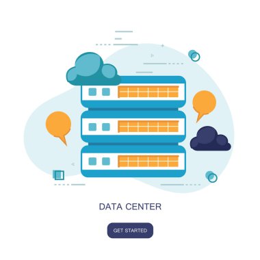 Veri merkezi bulut bilgisayarı, bağlantı barındırma, sunucu veritabanı. Düz vektör çizimi
