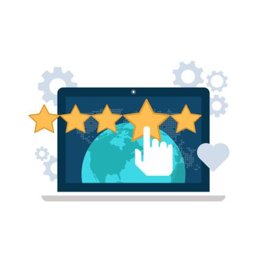 Müşteri memnuniyeti. Geri bildirim. Müşteri hizmetleri illüstrasyonuna not veriyorum. Web sitesi değerlendirme ve değerlendirme konsepti. Düz vektör illüstrasyonu