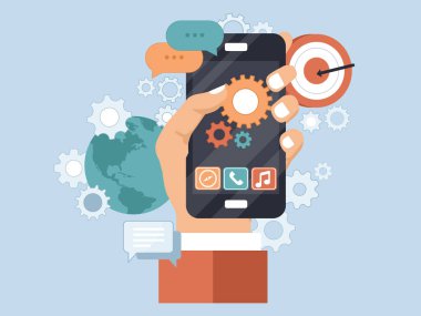 Uygulama geliştirme simgesi. Başarılı iş kurma kavram. Cep telefonu ve vites üstünde belgili tanımlık perde. Düz vektör çizim