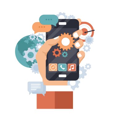 Uygulama geliştirme simgesi. Başarılı iş kurma kavram. Cep telefonu ve vites üstünde belgili tanımlık perde. Düz vektör çizim