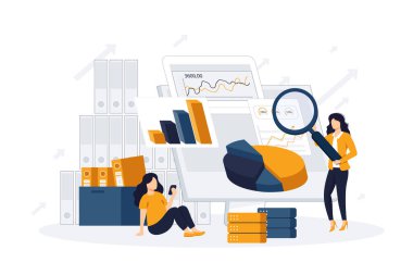 Sunucu ya da bilgisayarda veri depolama ve dosya arşivi düzenleyen ofis çalışanları. PC kullanıcıları veritabanında belge arıyor. Bilgi teknolojisi için vektör illüstrasyonu, kaynak kavramı