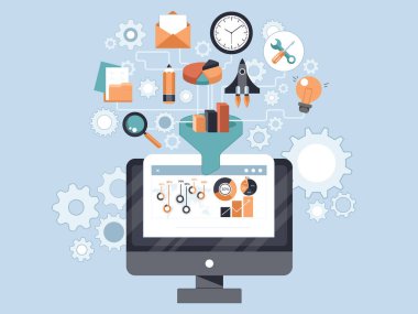 Yaratıcı süreç, büyük veri filtresini, veri tünel ve çözümleme kavramları. Düz vektör çizim