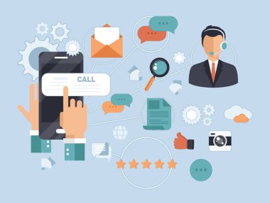 Müşteri hizmetleri konsepti. Simgeler bizimle irtibat kurar, destek olur, yardım eder, telefon eder ve web sitesine tıklatır. Adam yerde oturuyor ve dizüstü bilgisayarını yanında telefonla tutuyor. Düz vektör