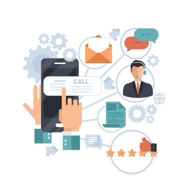 Müşteri hizmetleri konsepti. Simgeler bizimle irtibat kurar, destek olur, yardım eder, telefon eder ve web sitesine tıklatır. Adam yerde oturuyor ve dizüstü bilgisayarını yanında telefonla tutuyor. Düz vektör