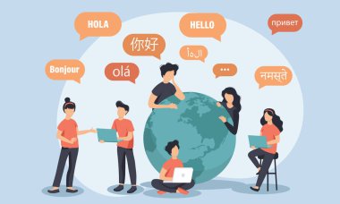 Gençler yabancı dillerde sohbet ediyorlar. Web afişi, bilgi grafikleri, cep telefonu için vektör illüstrasyonu. Erkek ve kadın çizgi film karakterleri farklı dillerde konuşuyorlar..