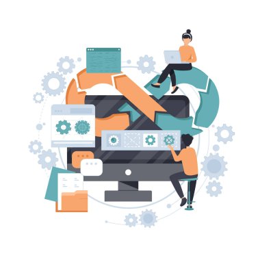 DevOps geliştiricileri bilgisayar sahneleriyle çalışırlar. DevOps mühendisleri insanlarla web tasarımı yapıyor. Düz biçimde geliştirme işlemleri bileşimi. Sosyal medya tanıtım materyalleri için vektör illüstrasyonu.