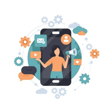 Sosyal medya pazarlama web sitesi afişi. Dijital pazarlama konsepti. Reklamcılık ve promosyon. Düz vektör illüstrasyonu.