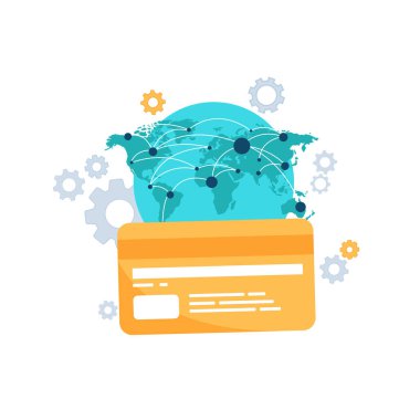 Küresel ödeme sistemi. Banka kartı, nakit ve nakit olmayan ödemeler. Mali sistem ve güvenlik. Düz vektör illüstrasyonu.