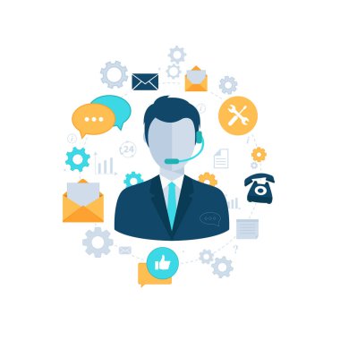 Destek hizmeti konsepti. Simgeli düz tasarım çizimi. Teknik destek asistanı.