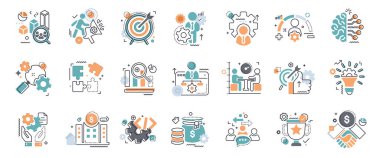 İş, veri analizi, organizasyon yönetimi ve teknoloji ikonu seti. Takım çalışması, strateji, planlama, pazarlama, bulut teknolojisi, veri analizi, çalışan simgesi seti. Simge vektör koleksiyonu