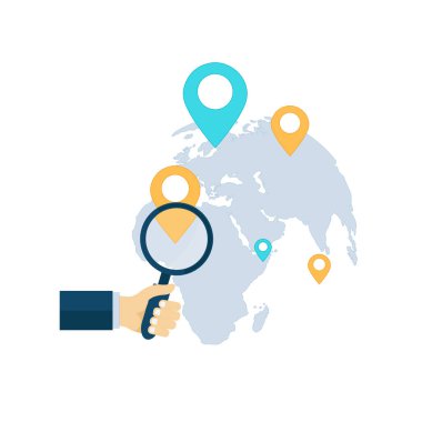 İnternet navigasyon konsepti. El ele tutuşan büyüteç, hedef işaretli dünya haritası. Düz vektör illüstrasyonu.