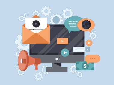 Medya pazarlama konsepti. Düz vektör çizimi. Dijital pazarlama ve reklam bülteni.