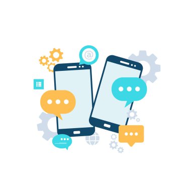 Sohbet ikonu, akıllı telefon iletişim ikonu. Düz stil olarak İleti Simgesi. Sörf. Web sitesi tasarımınız için SMS sembolü, logo, uygulama, UI. Vektör illüstrasyonu.