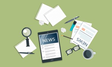 Vektör çizimi. Düz kafa. İnternet haberleri. Bülten ve bilgi. İş ve piyasa haberleri. Finansal rapor ve kahve masada.