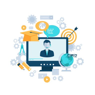 Düz biçimli vektör e-öğrenme kavramı - dijital içerik ve çevrimiçi webinar simgeleri