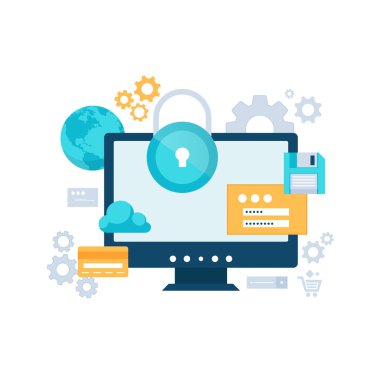 Bulut, veri güvenliği. Ev sahipliği konsepti. Sunucular ve Bulutlar. İş geliştirme için bulut bilgisayar sunucusu. Düz vektör illüstrasyonu