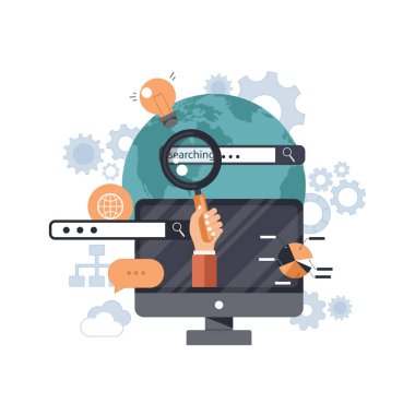 Web arama kavramı. Arama Motoru Optimizasyonu kavramı. Düz vektör çizim.