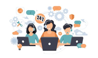 Müşteri hizmetleri, yardım hattı operatörleri kulaklıklı müşterilere danışırlar, 247 küresel çevrimiçi teknik destek, çağrı merkezi, çağrı işlem sistemi, vektör illüstrasyonu