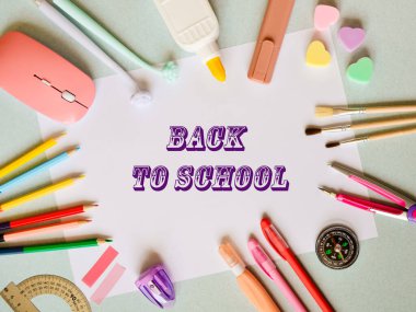 A lot of office and school stationery on a white background back to school. High quality photo