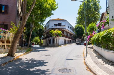 Charming street view in Buyukada, Adalar, one of prince islands in Istanbul. Quiet road lined residential street with trees and quaint houses on a sunny day, vibrant bougainvillea flowers