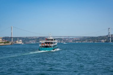 Istanbul, Turkey - 26 August 2025: Istanbul Bosphorus Strait with boats, ferries, bridges and city skyline. Panoramic view of strait connecting two continents. European and Asian sides of city