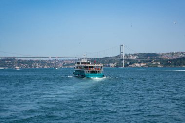 Istanbul, Turkey - 26 August 2025: Istanbul Bosphorus Strait with boats, ferries, bridges and city skyline. Panoramic view of strait connecting two continents. European and Asian sides of city
