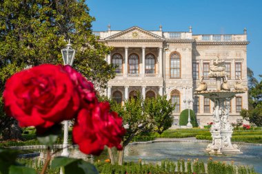 Dolmabahce Palace garden with beautiful fountain and roses in foreground, Istanbul. Historic grand Ottoman palace garden view with flowers