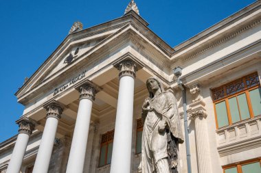 Istanbul, Turkey - 25 August 2025: Istanbul Archaeological Museum with classical statue and columns in Turkey. Neoclassical majestic archaeology museum building under blue sky. Tourist Attractions