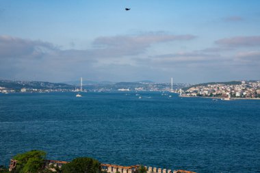 Istanbul, Turkey - 26 August 2025: Istanbul Bosphorus Strait with boats, ferries, bridges and city skyline. Panoramic view of strait connecting two continents. European and Asian sides of city