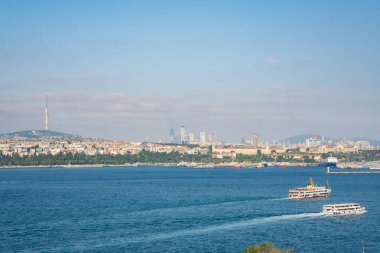Istanbul, Turkey - 26 August 2025: Istanbul Bosphorus Strait with boats, ferries, bridges and city skyline. Panoramic view of strait connecting two continents. European and Asian sides of city