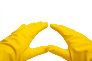 Yellow rubber glove with open hand isolated on white background. Hygiene, safety, cleanliness, care and protection concept. Close-up