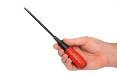 Screwdriver held in hand on white background. Tool, craftsmanship, work and manual skill concept