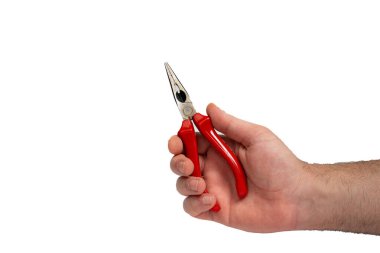 Pliers held in hand on white background. Tool, craftsmanship, work and manual skill concept