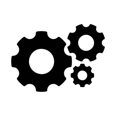 Cogwheel group filled black icon. Three cogs mechanism factory vector illustration. Industrial machine and engine sign. Clockwork technology symbol. Settings or teamwork web pictogram isolated.