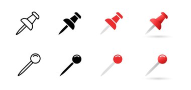 Push pin icons. Drawing pin, thumbtack and office button signs. Paper clip, note reminder, attachment tack symbol isolated. Red colored icon set in cartoon style.